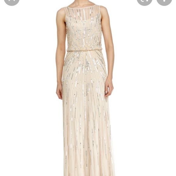 Aidan Mattox Champagne Gold Sunburst Illusion Neckline Gown Dress - Picture 1 of 14